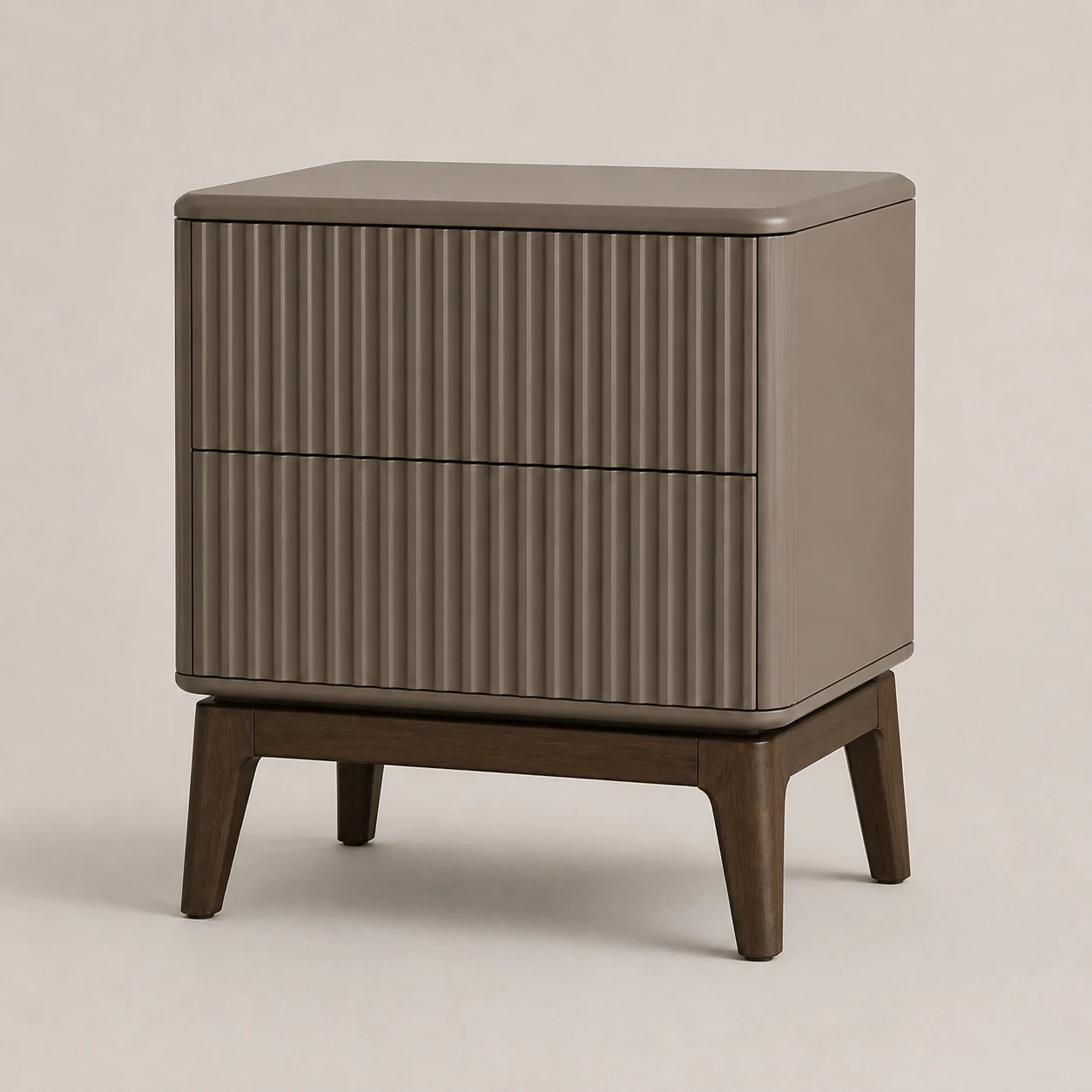 AN-01 RIB bedside cabinet seen at three-quarter angle, ribbed charcoal-taupe fronts on a smoked-walnut base